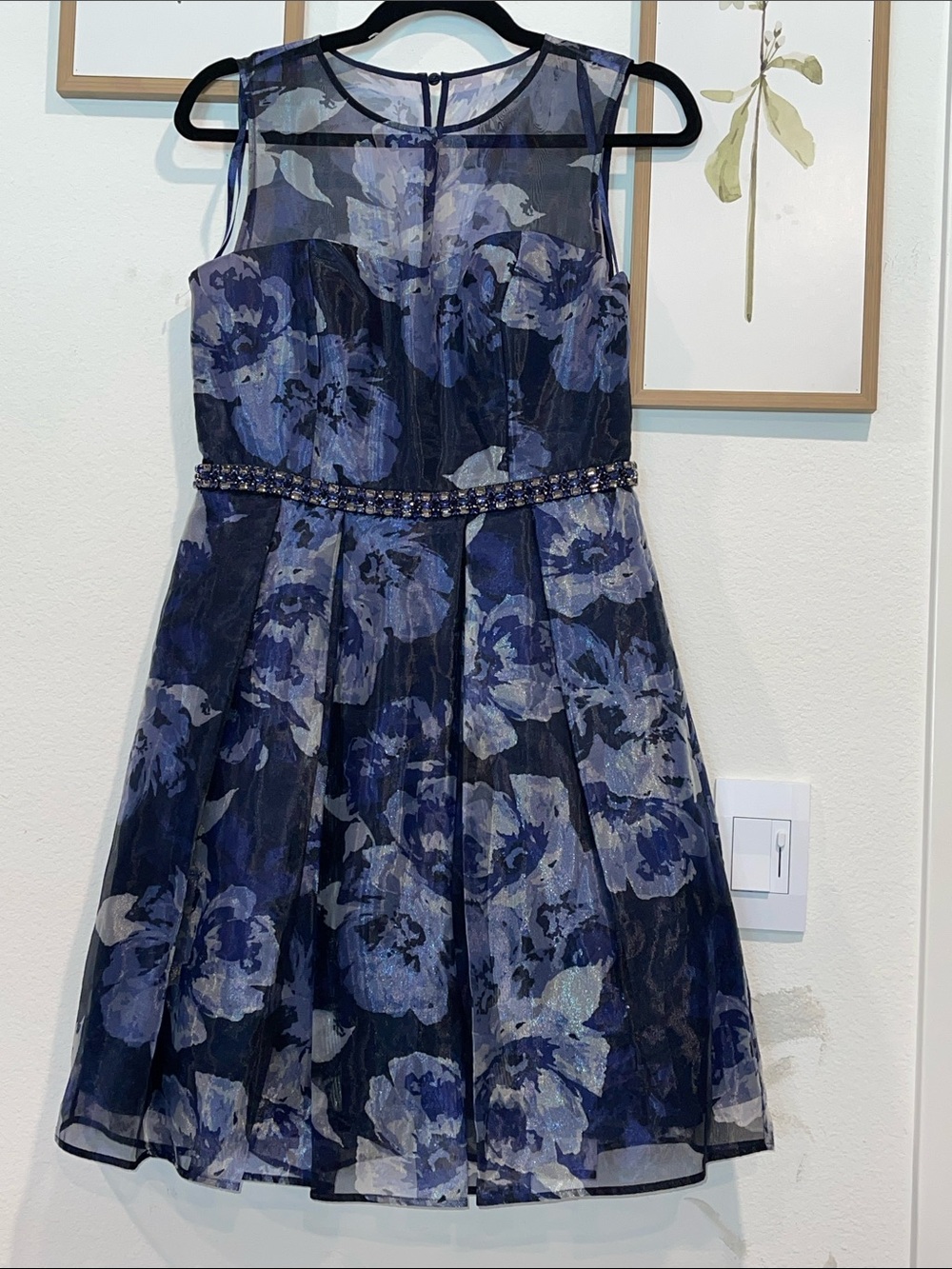 Eliza J Navy and Blue Floral A-Line Dress with Beaded Waist